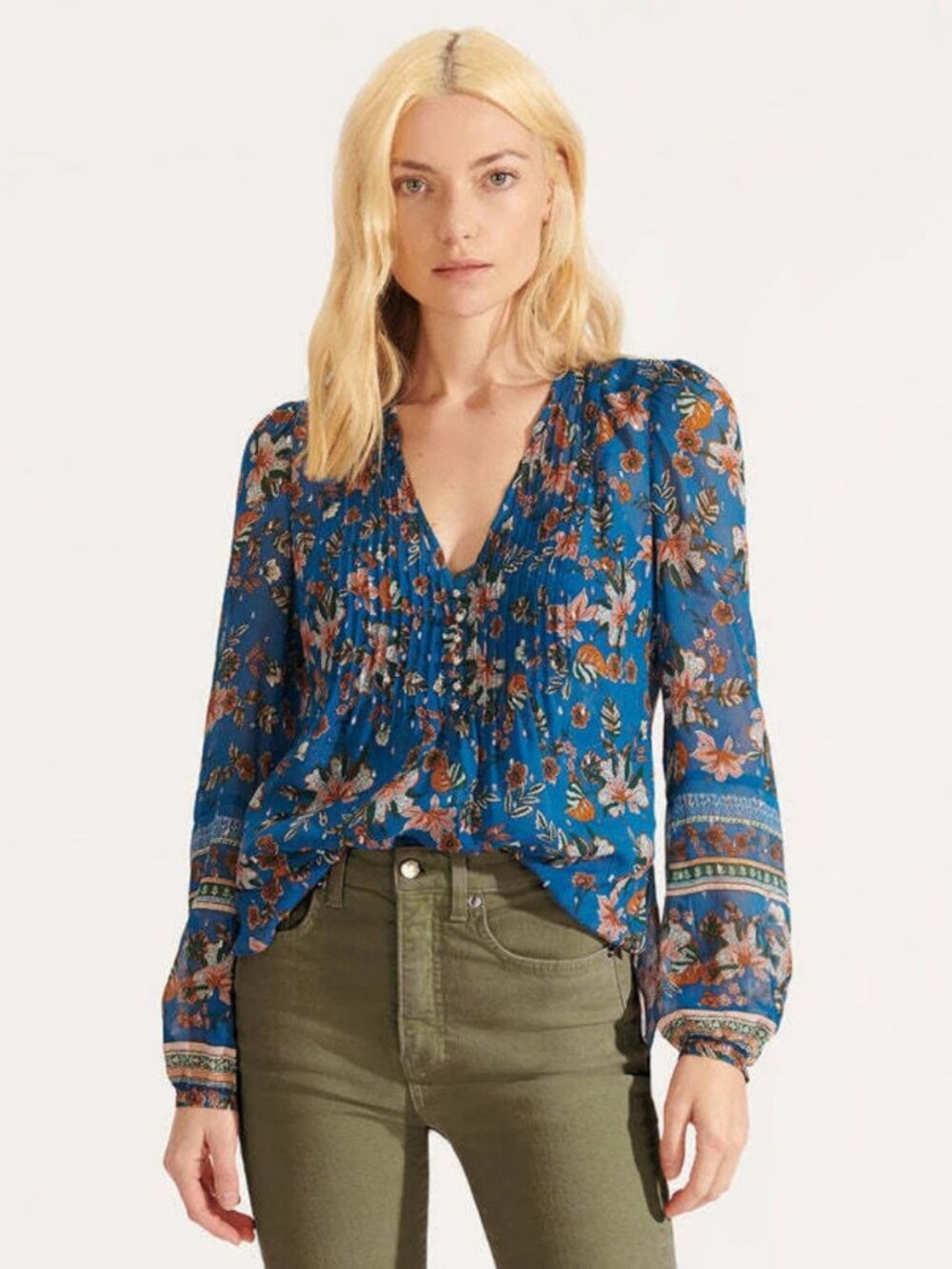 Veronica Beard Lowell Silk Blouse Sz 10 Cerulean Blue Floral Boho Romantic Folk
